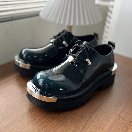 Men'S Chunky Platform Ankle Boots - Glossy Black Synthetic Cover with Golden-Tone Lace-Up Closure, Thick Rubber Sole for Height & Traction, Round Toe Design, All-Season Casual & Formal Work Boots, Formal Footwear, Durable Foo