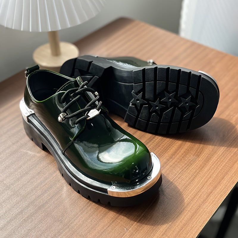 Men'S Chunky Platform Ankle Boots - Glossy Black Synthetic Cover with Golden-Tone Lace-Up Closure, Thick Rubber Sole for Height & Traction, Round Toe Design, All-Season Casual & Formal Work Boots, Formal Footwear, Durable Foo