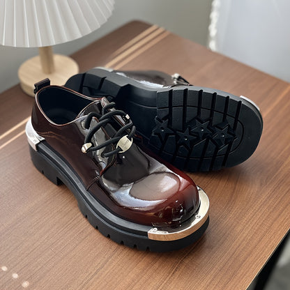 Men'S Chunky Platform Ankle Boots - Glossy Black Synthetic Cover with Golden-Tone Lace-Up Closure, Thick Rubber Sole for Height & Traction, Round Toe Design, All-Season Casual & Formal Work Boots, Formal Footwear, Durable Foo