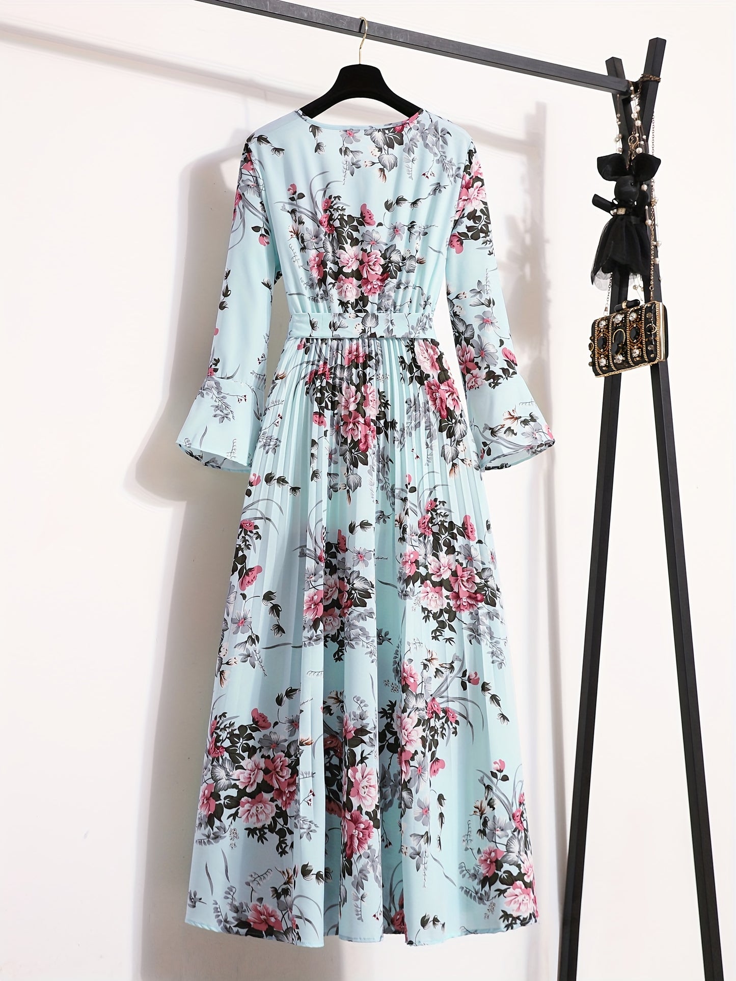 Floral Print Pleated Dress, Crew Neck Elegant Long Sleeve Maxi Dress, Women's Clothing