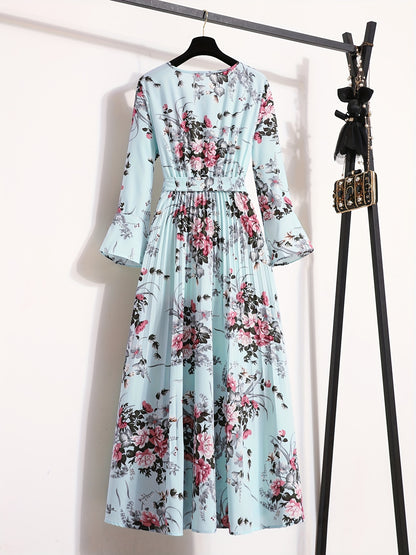 Floral Print Pleated Dress, Crew Neck Elegant Long Sleeve Maxi Dress, Women's Clothing