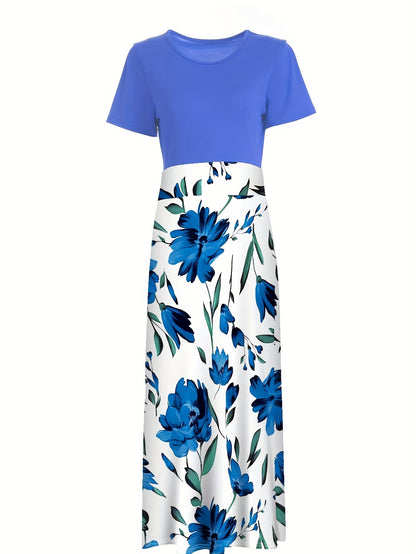 Floral Print Crew Neck Dress, Elegant Short Sleeve Dress For Spring & Summer, Women's Clothing