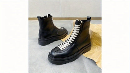Men's High-Top Boots - Black with White Laces, Thick Rubber Sole