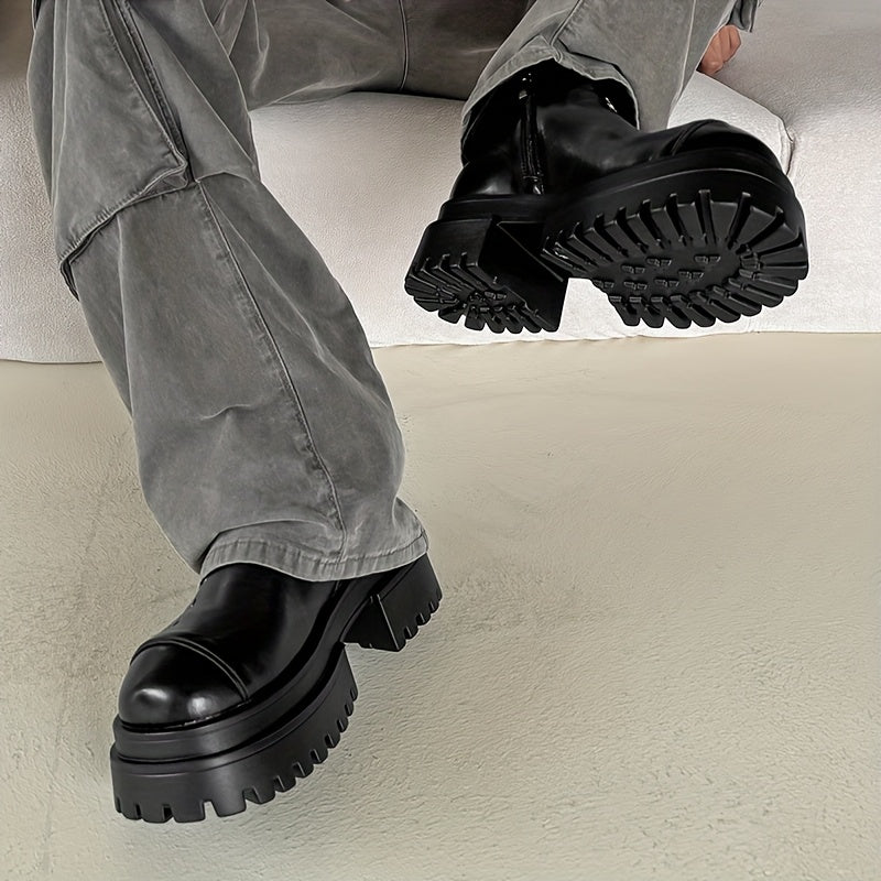 Men's Chunky Platform Zip-Up Ankle Boots - Punk Rock Style Upper & Rubber Sole, Slip-On Design for All-Season Comfort - Ideal for Concerts, Nightclubs, Motorcycle Riding & Casual Outings, Nightclub Footwear, Side Zipper Boot,