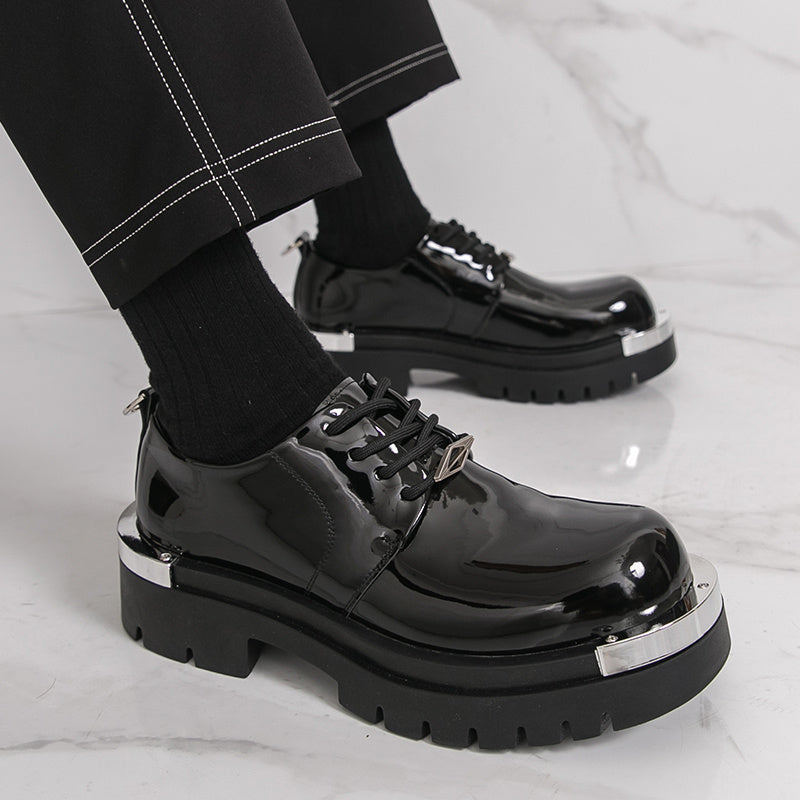 Men'S Glossy Black Faux Loafers - Retro Low-Top Lace-Up Dress Shoes with Thick Rubber Sole, Non-Slip, Comfortable for Business and Office Wear, Office Shoes | Retro Style Shoes | Durable Rubber Sole