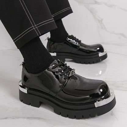 Men'S Glossy Black Faux Loafers - Retro Low-Top Lace-Up Dress Shoes with Thick Rubber Sole, Non-Slip, Comfortable for Business and Office Wear, Office Shoes | Retro Style Shoes | Durable Rubber Sole