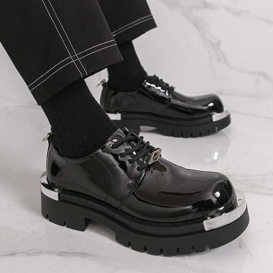 Men'S Glossy Black Faux Loafers - Retro Low-Top Lace-Up Dress Shoes with Thick Rubber Sole, Non-Slip, Comfortable for Business and Office Wear, Office Shoes | Retro Style Shoes | Durable Rubber Sole