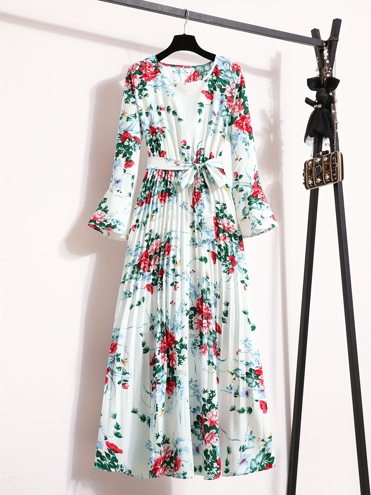 Floral Print Pleated Dress, Crew Neck Elegant Long Sleeve Maxi Dress, Women's Clothing