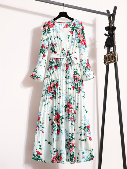 Floral Print Pleated Dress, Crew Neck Elegant Long Sleeve Maxi Dress, Women's Clothing