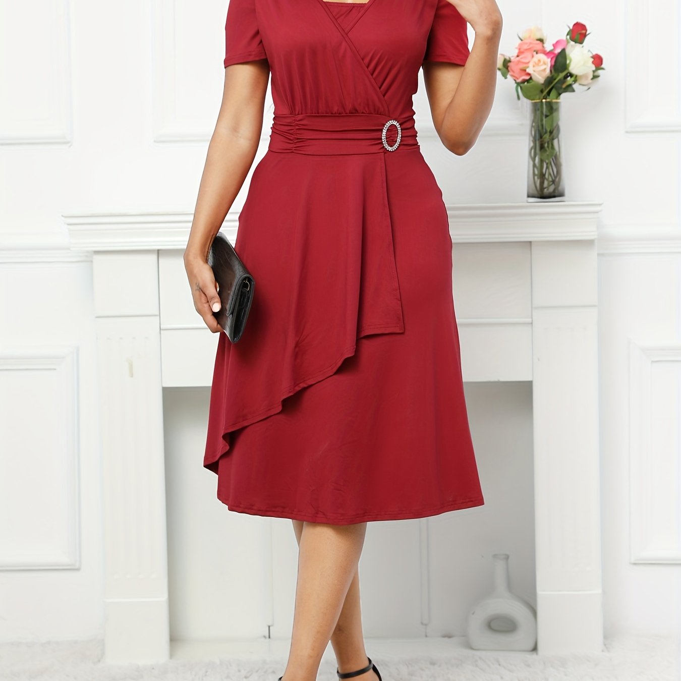 Asymmetrical V Neck Dress, Vintage Short Sleeve Slim Waist Comfy Dress, Women's Clothing Wedding/Evening dress/Occasion/Engagement/Ceremony