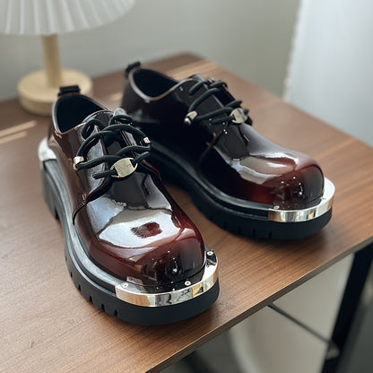 Men'S Chunky Platform Ankle Boots - Glossy Black Synthetic Cover with Golden-Tone Lace-Up Closure, Thick Rubber Sole for Height & Traction, Round Toe Design, All-Season Casual & Formal Work Boots, Formal Footwear, Durable Foo