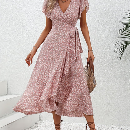 Floral Print Surplice Neck Tied Dress, Casual Flutter Sleeve Ruffle Hem Dress For Spring & Summer, Women's Clothing