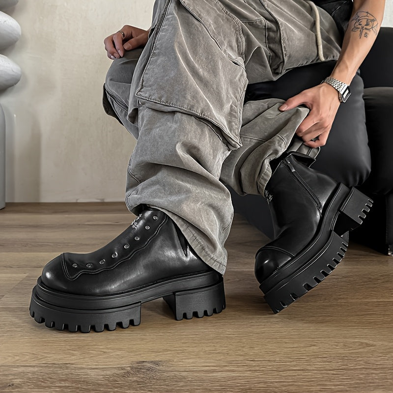 Men's Chunky Platform Zip-Up Ankle Boots - Punk Rock Style Upper & Rubber Sole, Slip-On Design for All-Season Comfort - Ideal for Concerts, Nightclubs, Motorcycle Riding & Casual Outings, Nightclub Footwear, Side Zipper Boot,