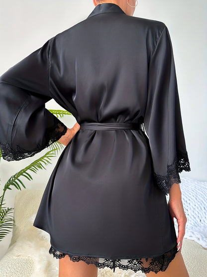 Contrast Lace Pajama Set, Deep V Slip Dress & Long Sleeve Robe With Belt, Women's Sleepwear & Loungewear