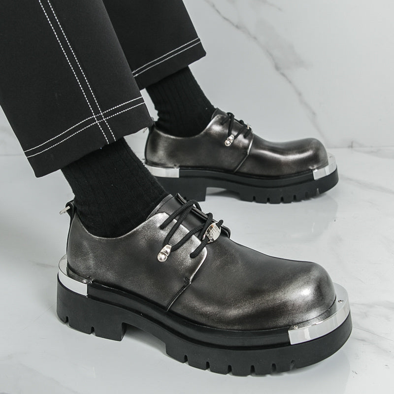 Men'S Chunky Platform Dress Shoes - Slip-Resistant Rubber Sole, Lace-Up Formal & Business Shoes, Glossy Black Faux Cover for Office, Wedding, Party - Cushioned Insole & Non-Slip Outsole, Office Footwear, Sleek Shoe Design, Du