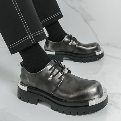 Men'S Chunky Platform Dress Shoes - Slip-Resistant Rubber Sole, Lace-Up Formal & Business Shoes, Glossy Black Faux Cover for Office, Wedding, Party - Cushioned Insole & Non-Slip Outsole, Office Footwear, Sleek Shoe Design, Du