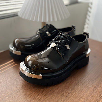 Men'S Chunky Platform Ankle Boots - Glossy Black Synthetic Cover with Golden-Tone Lace-Up Closure, Thick Rubber Sole for Height & Traction, Round Toe Design, All-Season Casual & Formal Work Boots, Formal Footwear, Durable Foo