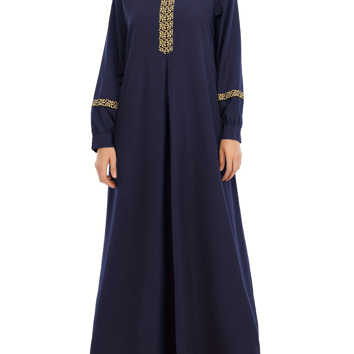Ramadan Contrast Trim Kaftan, Elegant Long Sleeve Maxi Length Dress, Women's Clothing