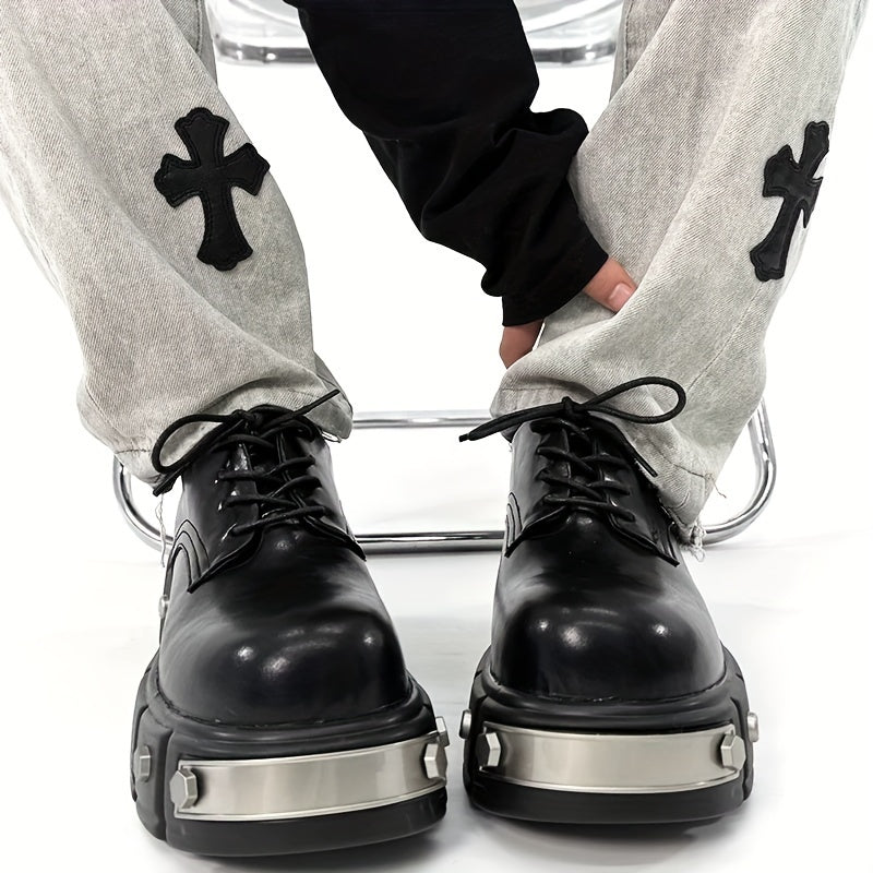 Stylish Men's Derby Shoes - Premium Round Toe, Thick Sole for Height Boost, Lace-Up, Microfiber Faux, Perfect for Casual Wear, Iron Head, British Style