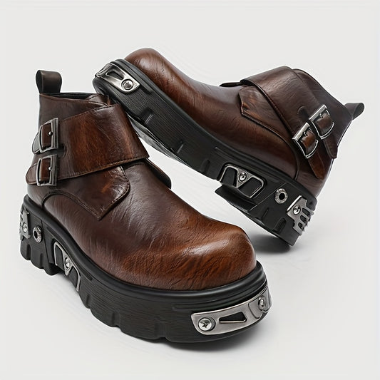 Men's Vintage Punk Rock Boots - Chunky Platform Round-Toe Ankle Booties with Buckle & Zipper Closure, Upper & Rubber Sole, All-Season Brown/Black Heavy-Duty