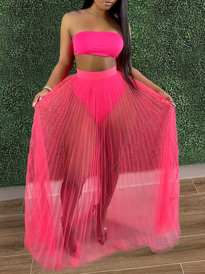 Women 3 Piece Swimsuit Set, Bandeau Bikini And Fishnet Hollow Out Beach Maxi Dress Cover Ups Party Skirts, Clubwear Set, Women's Clothing