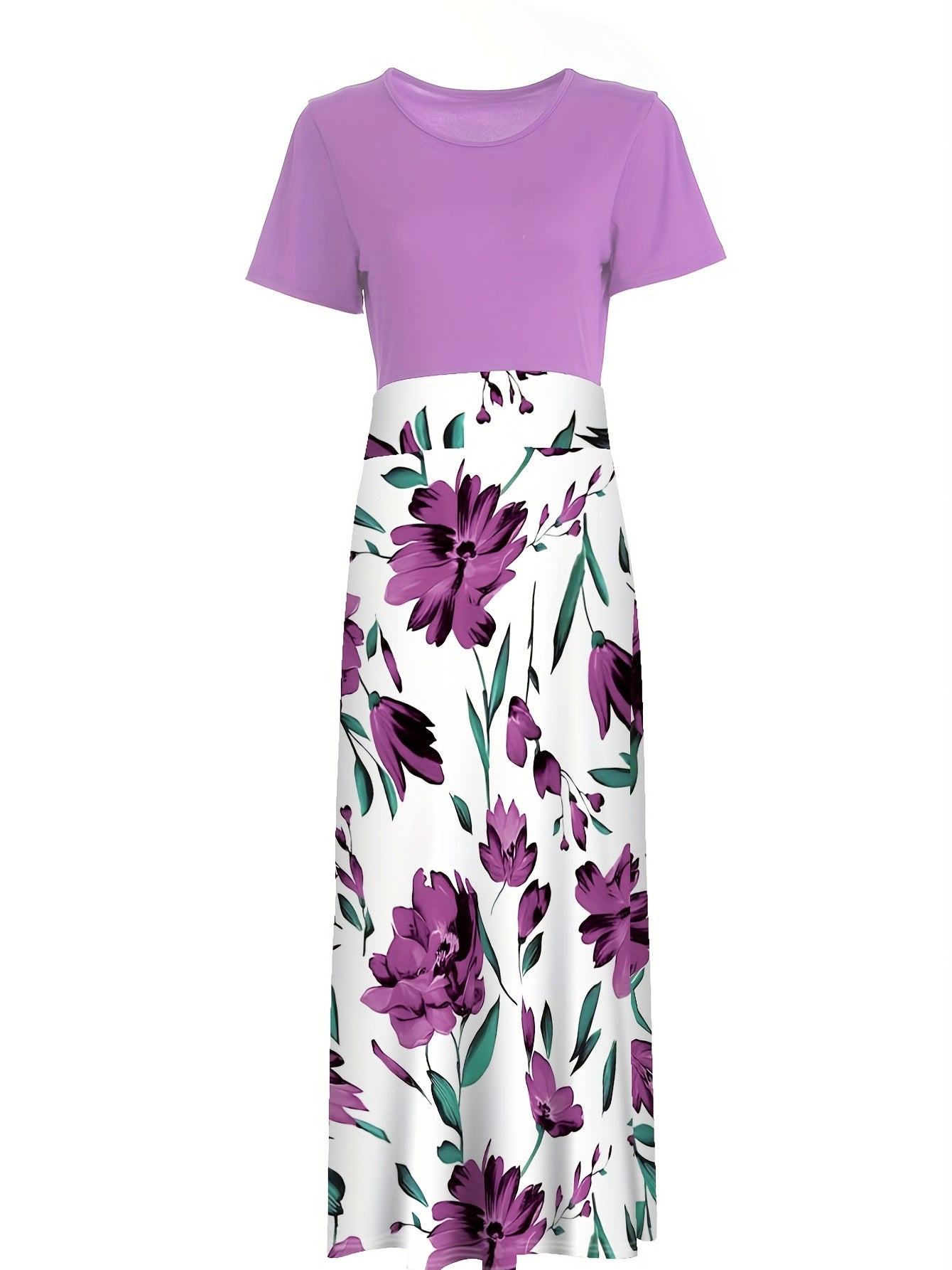 Floral Print Crew Neck Dress, Elegant Short Sleeve Dress For Spring & Summer, Women's Clothing
