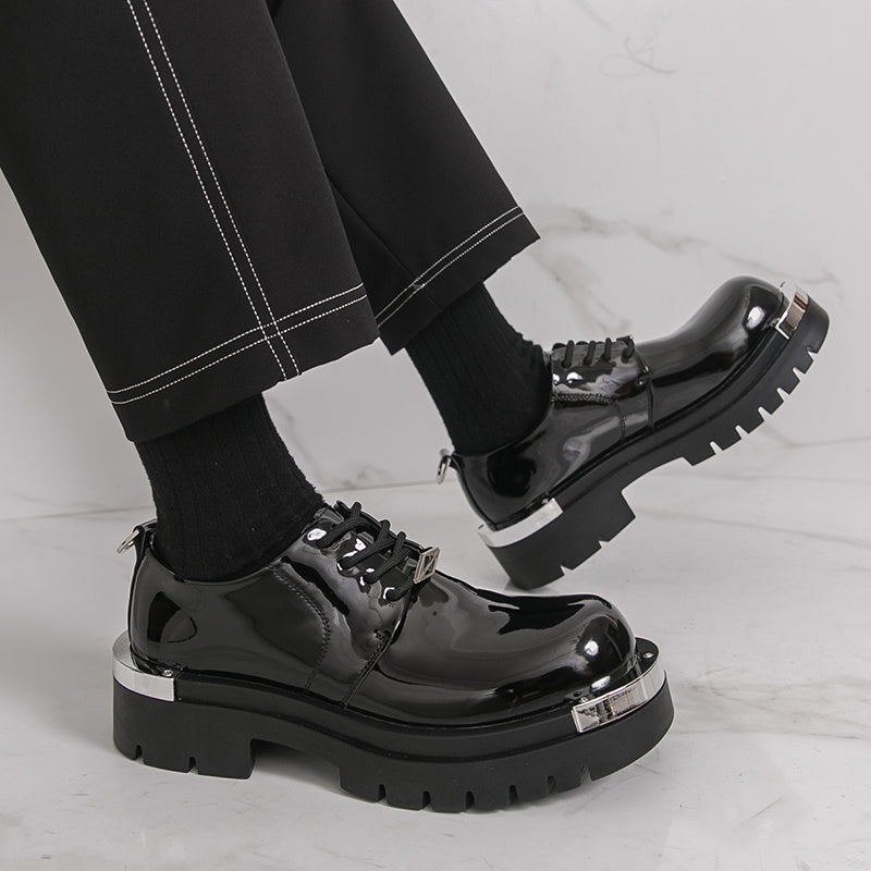 Men's Glossy -like Low-Top Lace-Up Dress Shoes - Glossy Black & Brown Luxury