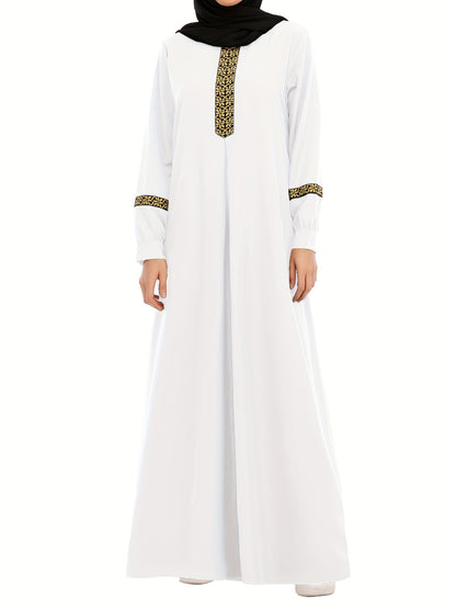Ramadan Contrast Trim Kaftan, Elegant Long Sleeve Maxi Length Dress, Women's Clothing