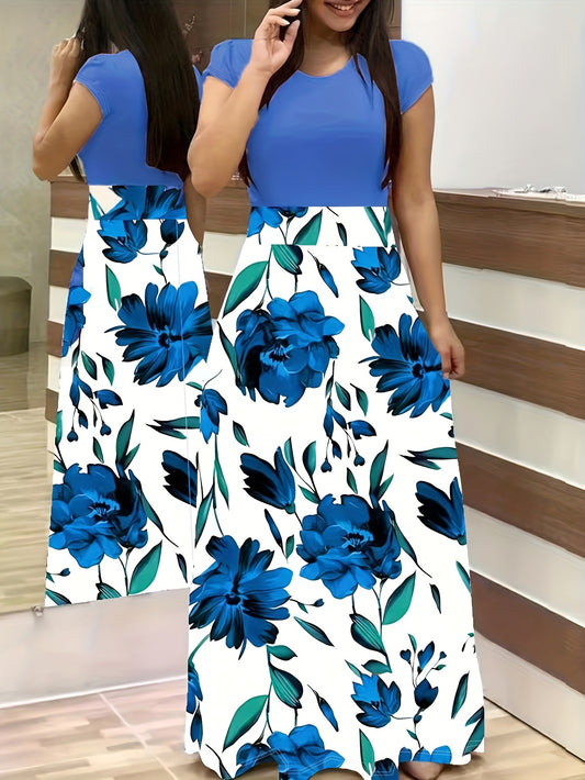 Floral Print Crew Neck Dress, Elegant Short Sleeve Dress For Spring & Summer, Women's Clothing