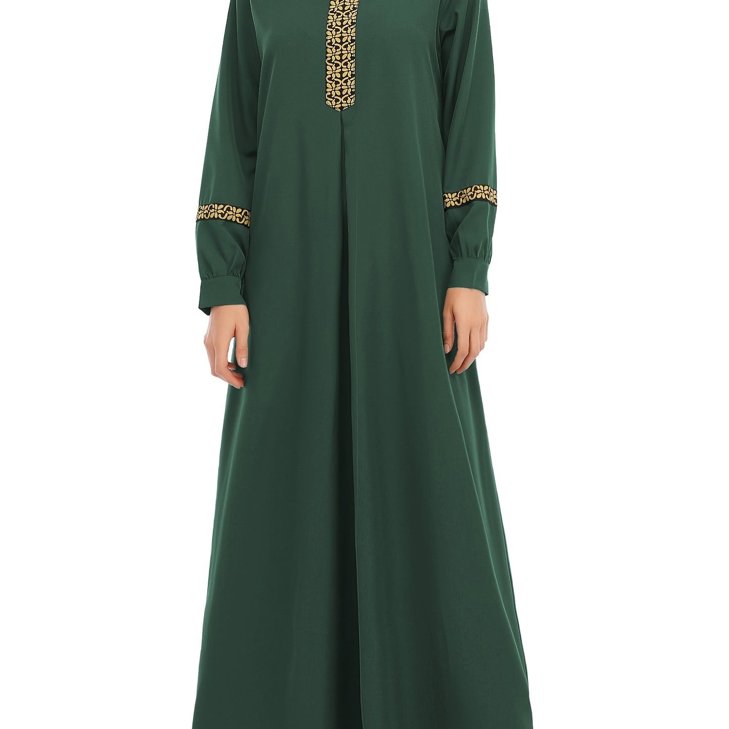 Ramadan Contrast Trim Kaftan, Elegant Long Sleeve Maxi Length Dress, Women's Clothing