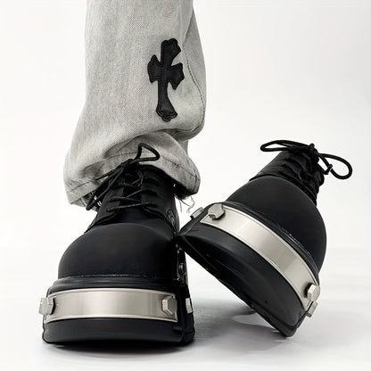 Stylish Men's Derby Shoes - Premium Round Toe, Thick Sole for Height Boost, Lace-Up, Microfiber Faux, Perfect for Casual Wear, Iron Head, British Style