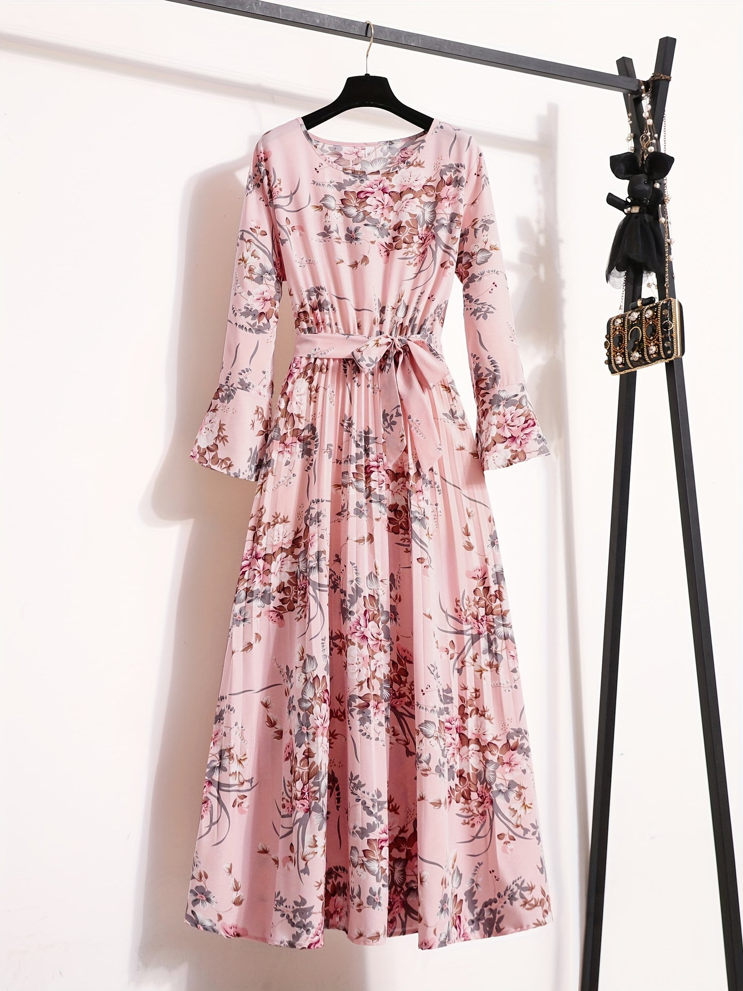 Floral Print Pleated Dress, Crew Neck Elegant Long Sleeve Maxi Dress, Women's Clothing