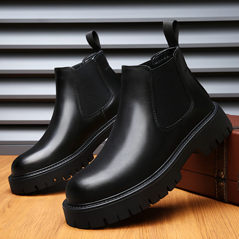 Men's Chunky Height-Increasing 4.5cm Chelsea Boots - Glossy Brown/Black Round-Toe Ankle Boots with Rubber Sole, Slip-Resistant & Cushioned Insole, All-Season Casual & Formal Shoes for Men,