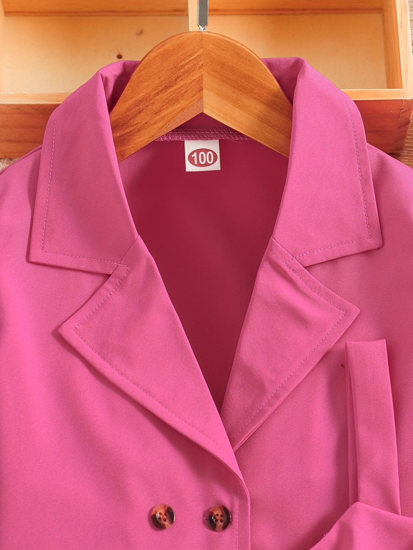 2pcs Girls Fashion Solid Non Stretch Puff Sleeve Double Button Blazer & Belted Cami Dress