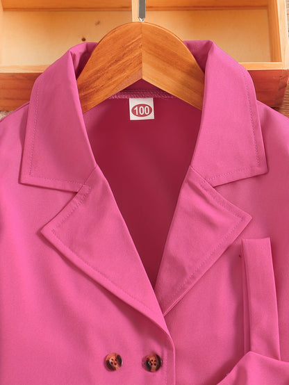 2pcs Girls Fashion Solid Non Stretch Puff Sleeve Double Button Blazer & Belted Cami Dress