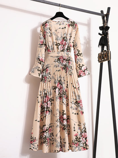 Floral Print Pleated Dress, Crew Neck Elegant Long Sleeve Maxi Dress, Women's Clothing