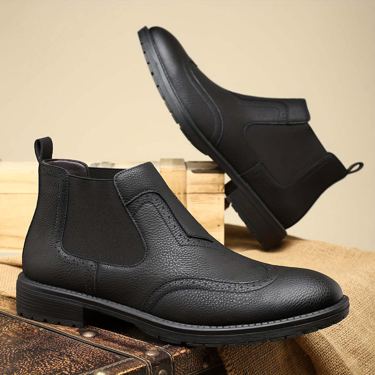 Men's Slip-On Short Boots - PU Upper & Rubber Sole, Glossy Black Round Toe Ankle Boots with Elastic Panel, All-Season Casual s for Office