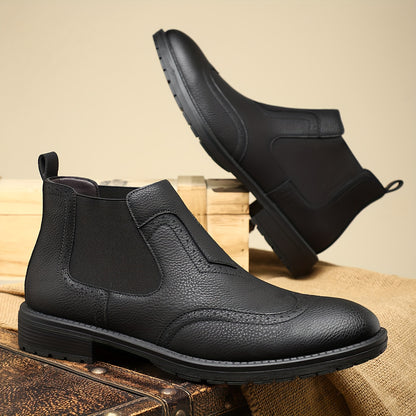 Men's Slip-On Short Boots - PU Upper & Rubber Sole, Glossy Black Round Toe Ankle Boots with Elastic Panel, All-Season Casual s for Office