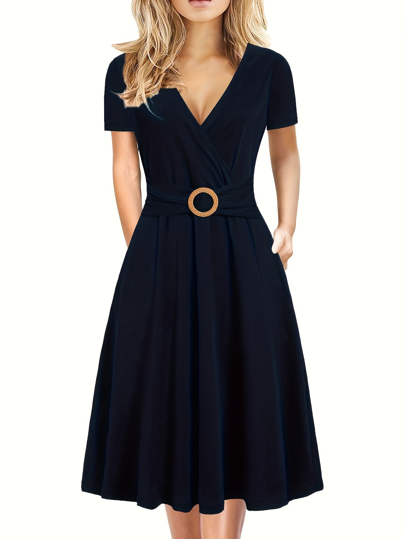 Short Sleeve V Neck Dress, Solid Casual Dress For Summer & Spring, Women's Clothing