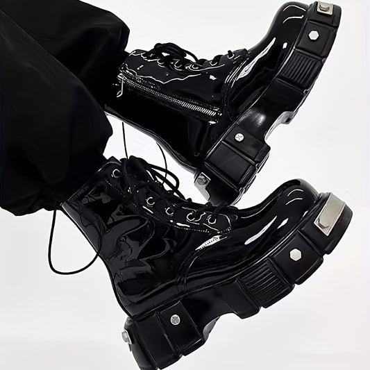 Men's Round Toe Thick Sole Height Increasing Metal Punk Style Zipper Motorcycle Boot, Motorcycle Boots For Men, Motorcycle Riding Boots, Motorcycle Shoes, Motorcycle Boots For Women, Motorcycle Shoes For Men, Bottes De Moto,
