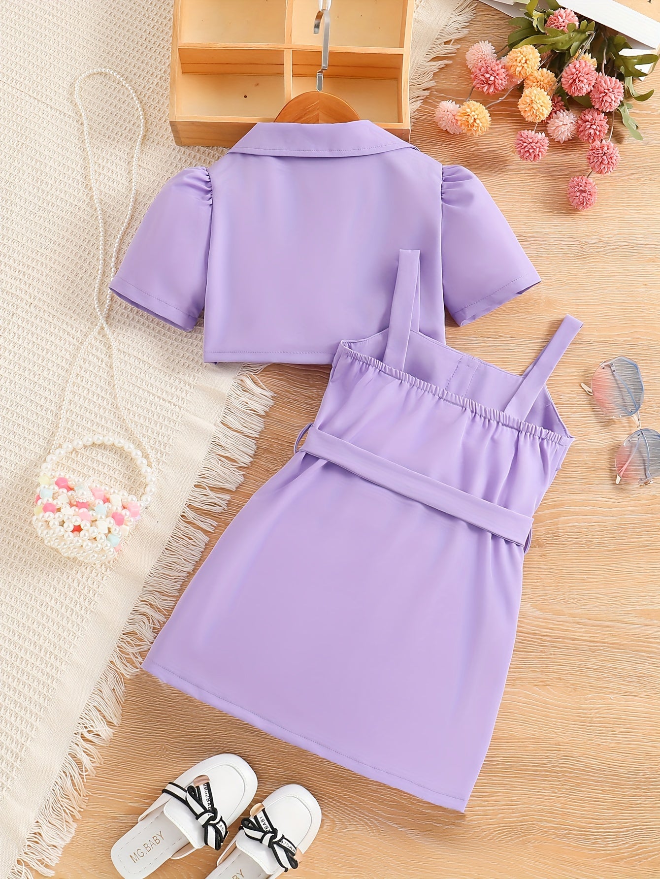 2pcs Girls Fashion Solid Non Stretch Puff Sleeve Double Button Blazer & Belted Cami Dress