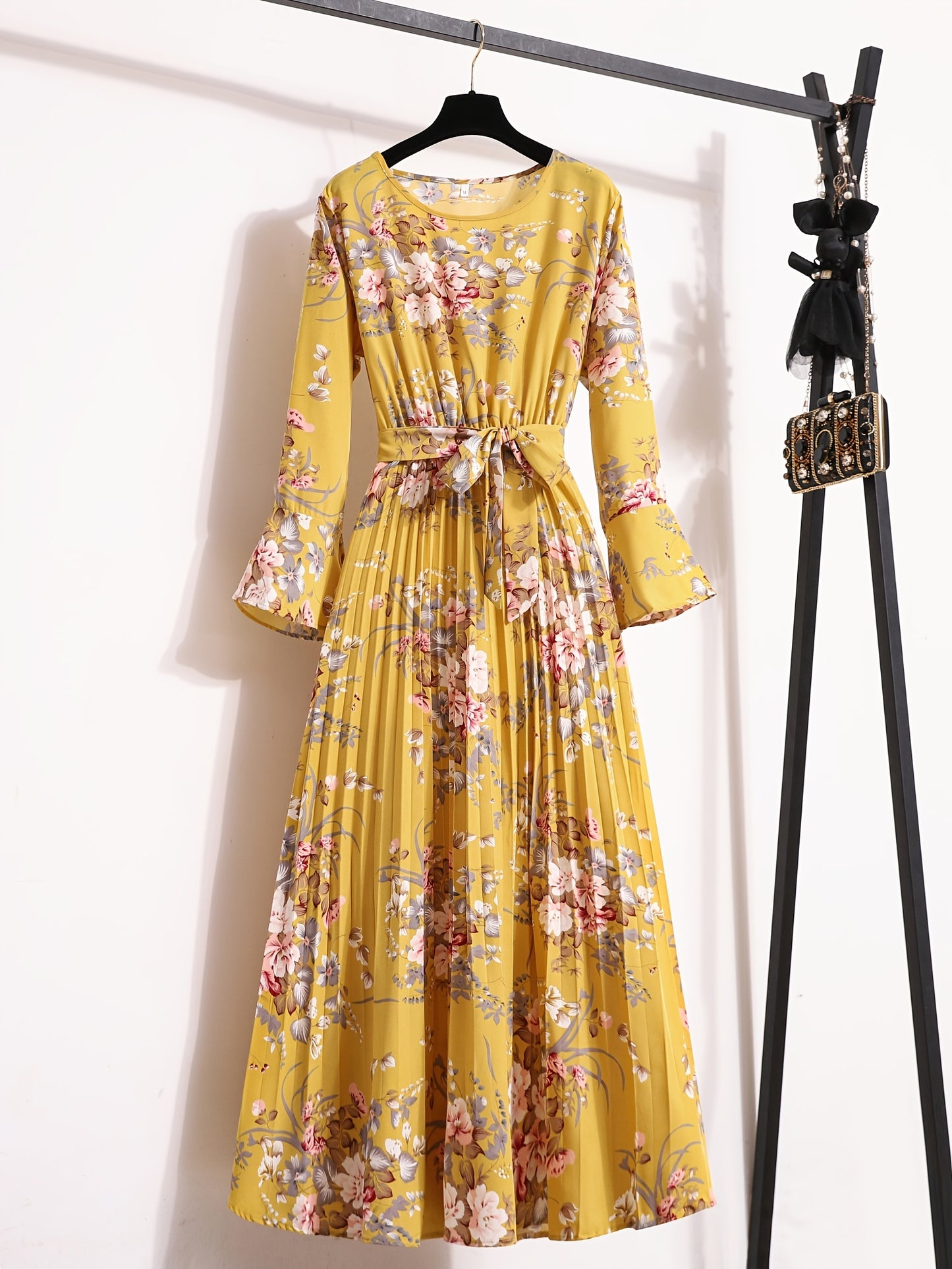 Floral Print Pleated Dress, Crew Neck Elegant Long Sleeve Maxi Dress, Women's Clothing