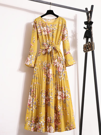 Floral Print Pleated Dress, Crew Neck Elegant Long Sleeve Maxi Dress, Women's Clothing