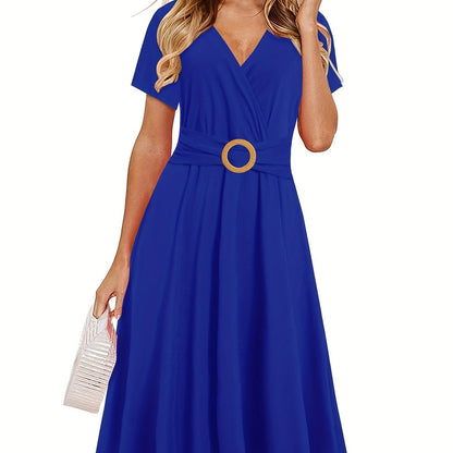 Short Sleeve V Neck Dress, Solid Casual Dress For Summer & Spring, Women's Clothing