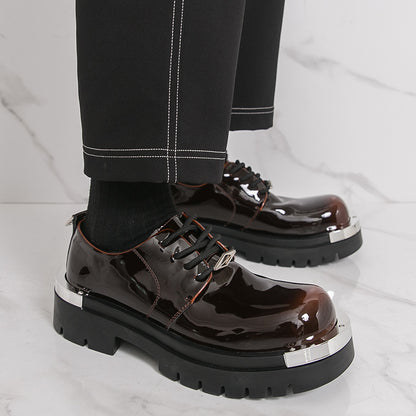 Men's Glossy -like Low-Top Lace-Up Dress Shoes - Glossy Black & Brown Luxury