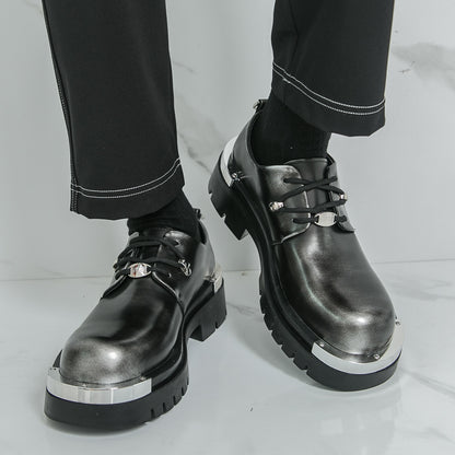 Men'S Chunky Platform Dress Shoes - Slip-Resistant Rubber Sole, Lace-Up Formal & Business Shoes, Glossy Black Faux Cover for Office, Wedding, Party - Cushioned Insole & Non-Slip Outsole, Office Footwear, Sleek Shoe Design, Du