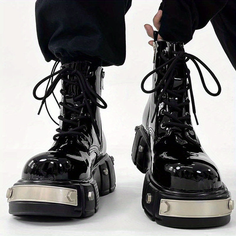 Unisex High-Top Motorcycle Boots - Black, Lace-Up, Round Toe, All-Season Casual Streetwear Shoes with Glossy Finish and Side Zipper Opening, Casual Streetwear Shoes | Stylish Short Boots | Glossy Finish Boots