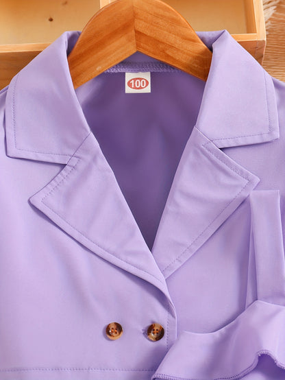 2pcs Girls Fashion Solid Non Stretch Puff Sleeve Double Button Blazer & Belted Cami Dress