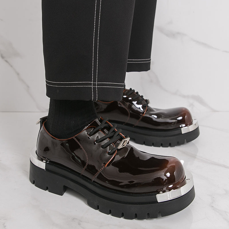 Men'S Glossy Black Faux Loafers - Retro Low-Top Lace-Up Dress Shoes with Thick Rubber Sole, Non-Slip, Comfortable for Business and Office Wear, Office Shoes | Retro Style Shoes | Durable Rubber Sole