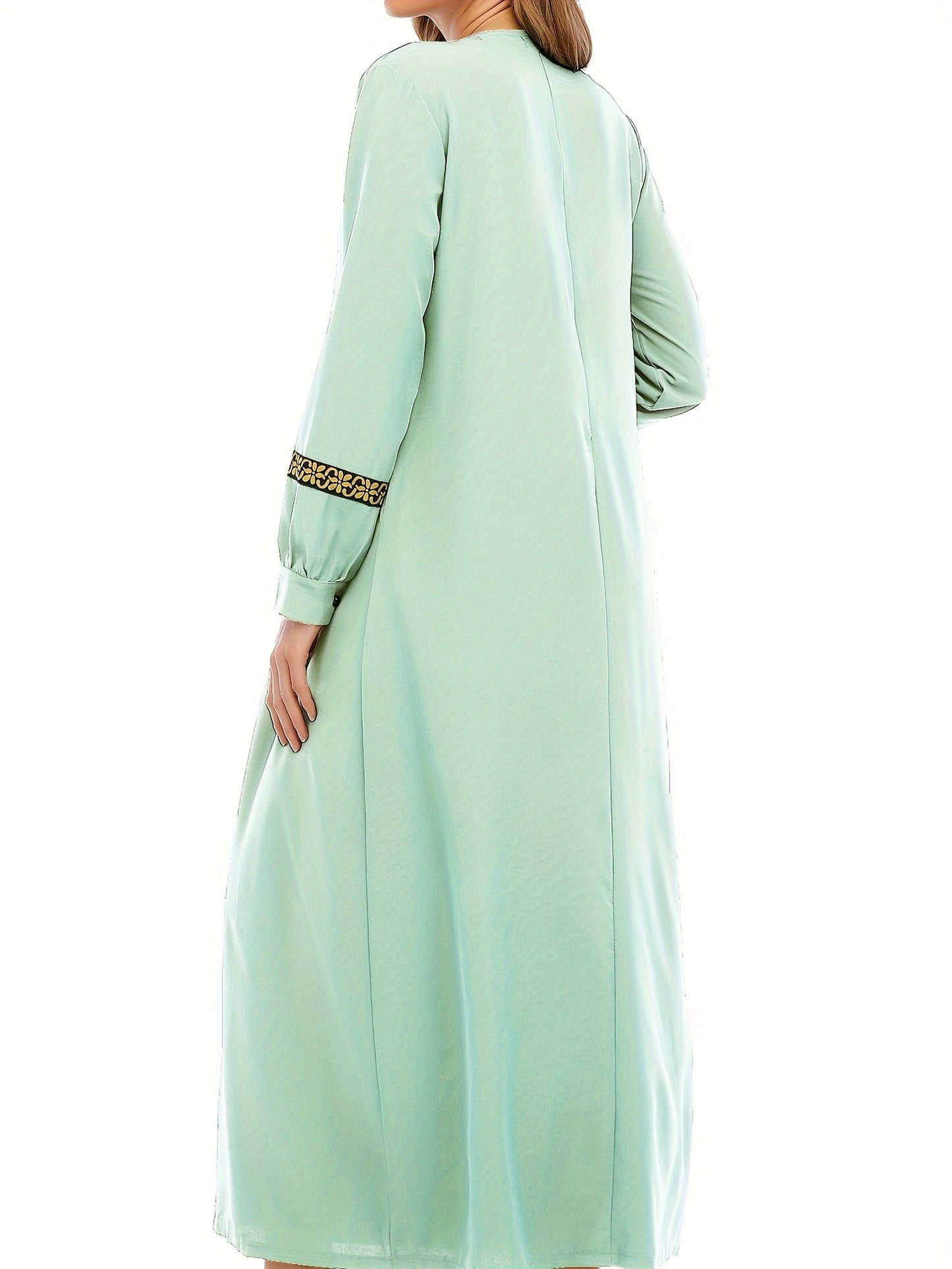 Ramadan Contrast Trim Kaftan, Elegant Long Sleeve Maxi Length Dress, Women's Clothing